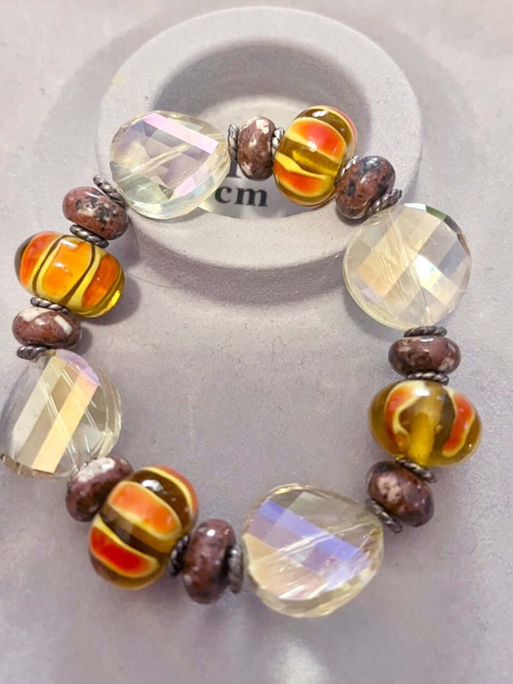 Orange Yellow Brown Art Glass Bead Stretch Bracelet – 16-17cm